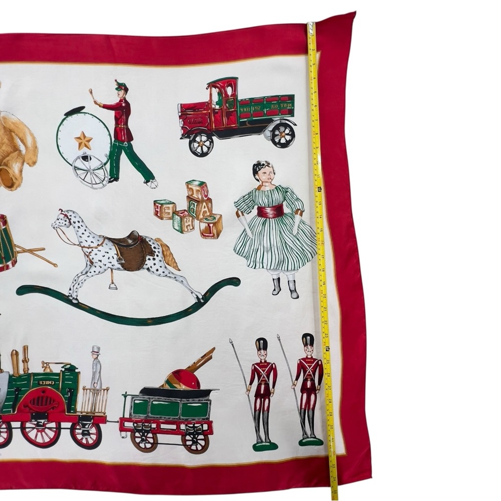 Vintage Echo Silk Scarf Christmas Toys Train Teddy Bear Rocking Horse Red Border - Picture 9 of 13